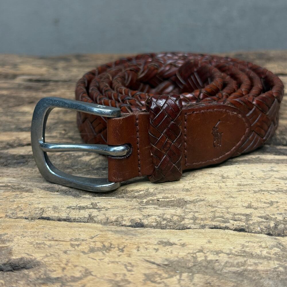 Polo Ralph Lauren Brown Braided Leather Belt Size 42 RL Buckle